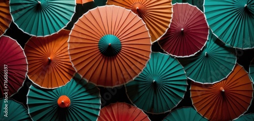  a bunch of colorful umbrellas that are stacked on top of each other in a room with black walls and green  orange  red  and blue umbrellas.