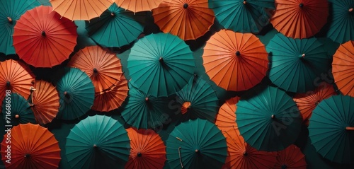  a group of orange and green umbrellas sitting next to each other on the side of a wall with orange and green umbrellas attached to the sides of them.