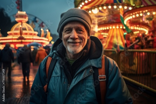 Portrait of a tender man in his 60s donning a durable down jacket against a vibrant amusement park. AI Generation © CogniLens
