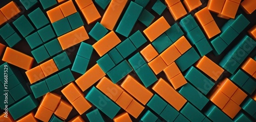  a group of orange and green squares are arranged in a diagonal pattern on a black background with orange and teal squares in the center of the squares, and bottom half of the rectangles.