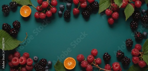  berries, oranges, and raspberries are arranged in a circle on a green background with leaves and a piece of orange in the center of the photo.