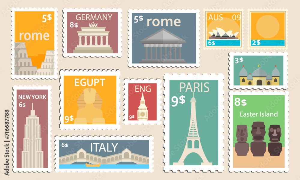 Travel, vacation, postage stamp with architecture and world landmarks and price vector eps10