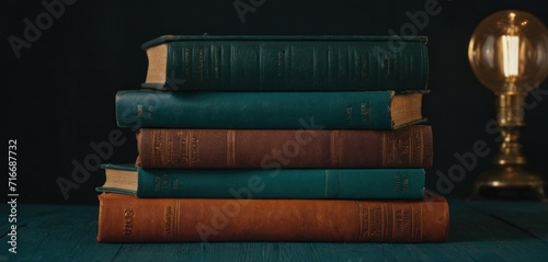  a stack of four books sitting on top of a wooden table next to a lamp on top of a wooden table next to a metal lamp on a wooden table.