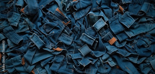  a pile of blue jeans sitting on top of a pile of other pieces of blue cloth on top of a pile of other pieces of blue jeans on top of wood.