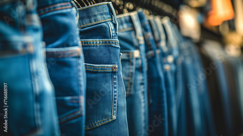 Close-up of jeans hanging on a rack in a store