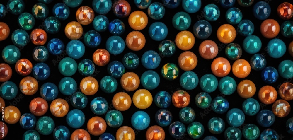 a group of multicolored balls sitting next to each other on a black surface with a pattern of smaller balls in the middle of the top of the picture. a group of multicolored balls sitting next to each other on a black surface with a pattern of smaller balls in the middle of the top of the picture.