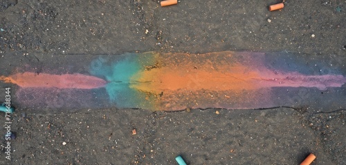  a sidewalk with crayons on it and a piece of colored chalk crayons on the ground next to a sidewalk with a crayon crayon crayons on it.