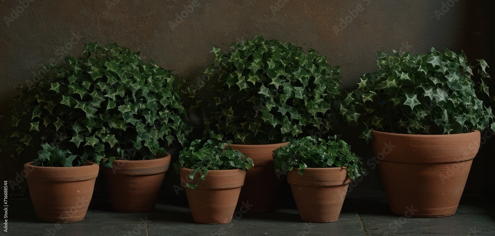 a group of potted plants sitting next to each other on top of a cement floor in front of a brown wall with green leaves on the top of the plant. a group of potted plants sitting next to each other on top of a cement floor in front of a brown wall with green leaves on the top of the plant.