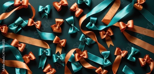  a group of orange and teal ribbons on a green and orange background with a bow on the left side of the ribbon, and a group of orange and blue ribbons on the right side of the.
