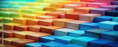 Wooden blocks in various colors like red, blue, green , orange, violet. Rainbow colors on wood cubes.