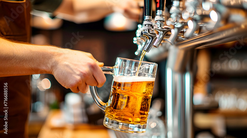 A bartender filling a mug at a beer tap photo