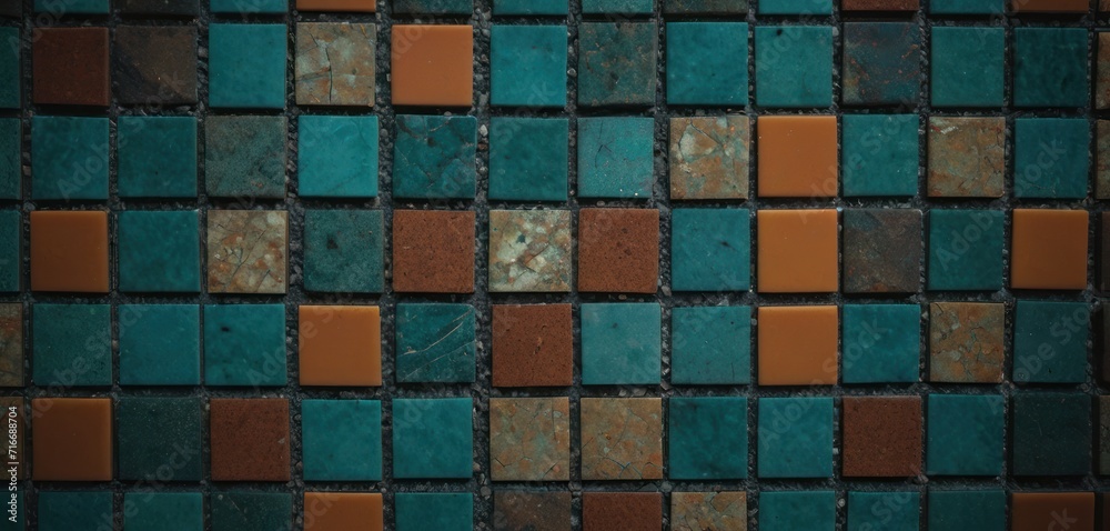  a close up of a wall made up of different colored blocks of glass and ceramic tiles with a brown and blue stripe on the bottom half of the wall and bottom half of the tiles.
