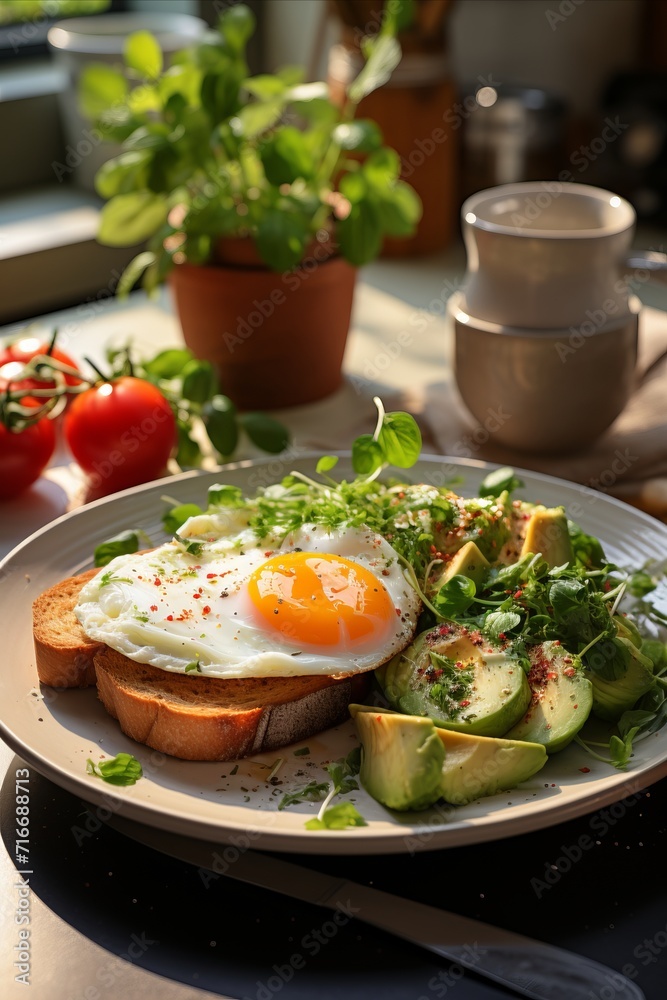 Traditional breakfast with fried eggs, toast and avocado on the plate.