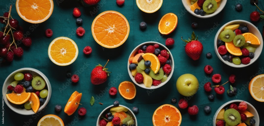  a table topped with bowls of fruit and bowls of oranges, strawberries, kiwis, apples, and strawberries on top of a green cloth.