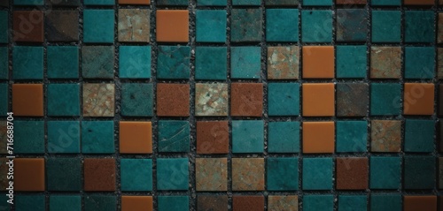  a close up of a wall made up of different colored blocks of glass and ceramic tiles with a brown and blue stripe on the bottom half of the wall and bottom half of the tiles.