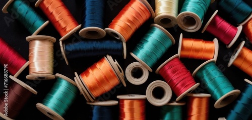  a group of spools of thread sitting on top of each other on a table next to a pile of spools of spools of thread.