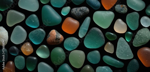  a close up of a bunch of different colored rocks on a black background with a red rock in the middle of the picture and a blue rock in the middle of the middle of the picture.