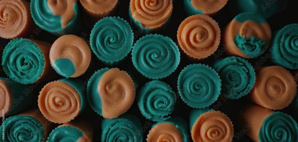  a close up of a bunch of cupcakes with frosting in the shape of spirals on top of each one of the cupcakes and the cupcakes.