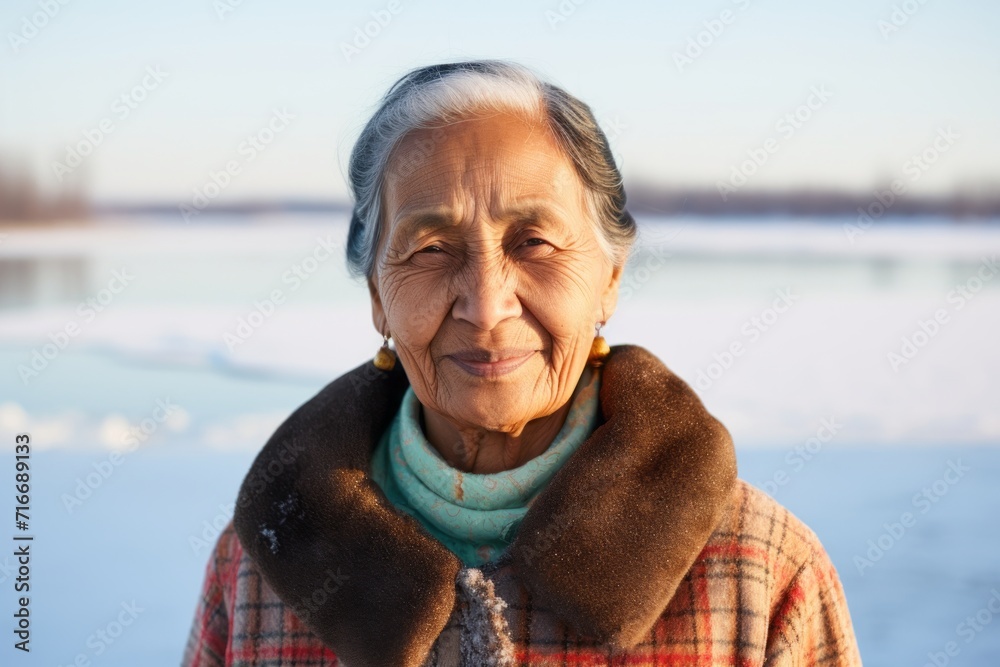 Portrait of a glad indian woman in her 80s wearing a simple cotton shirt against a backdrop of a frozen winter lake. AI Generation Portrait of a glad indian woman in her 80s wearing a simple cotton shirt against a backdrop of a frozen winter lake. AI Generation