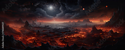 Red lava in night country scenery. erupting from a volcanic , photo