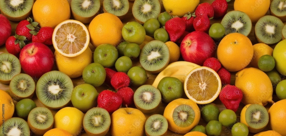  a pile of fruit with kiwis, oranges, strawberries, apples, and kiwis cut in half on top of each other kiwis.