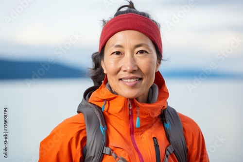 Portrait of a blissful asian woman in her 40s sporting a technical climbing shirt against a backdrop of an arctic landscape. AI Generation © CogniLens