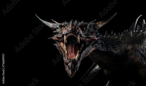 portrait d'un dragon noir la gueule ouverte sur fond noir - gros plan photo