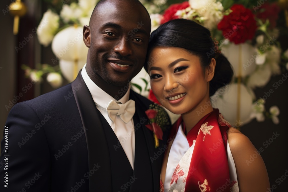 Elegant Interracial Couple in Wedding Attire Elegant Interracial Couple in Wedding Attire