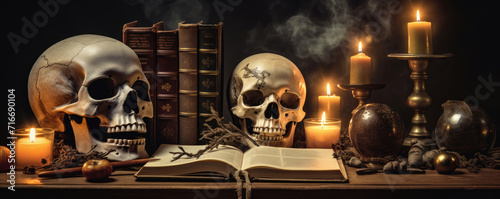 Alchemist concept. Wizard's Desk in dark background. Candle light and skull and magic book on table