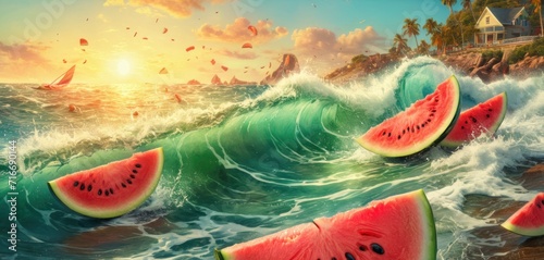  a painting of watermelon slices floating on top of a wave in front of a beach with palm trees and a house in the distance with a sunset in the background.
