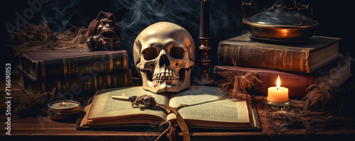 Alchemist concept. Wizard's Desk in dark background. Candle light and skull and magic book on table
