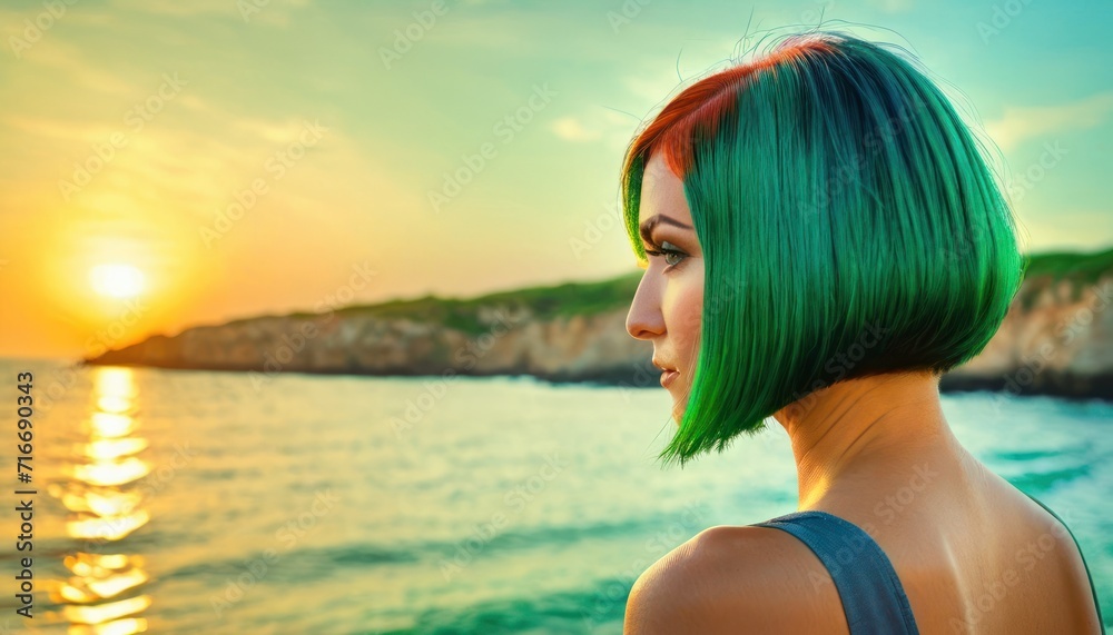 a woman with green and red hair standing on a cliff overlooking a body of water with the sun setting behind her and a cliff on the other side of the water. a woman with green and red hair standing on a cliff overlooking a body of water with the sun setting behind her and a cliff on the other side of the water.