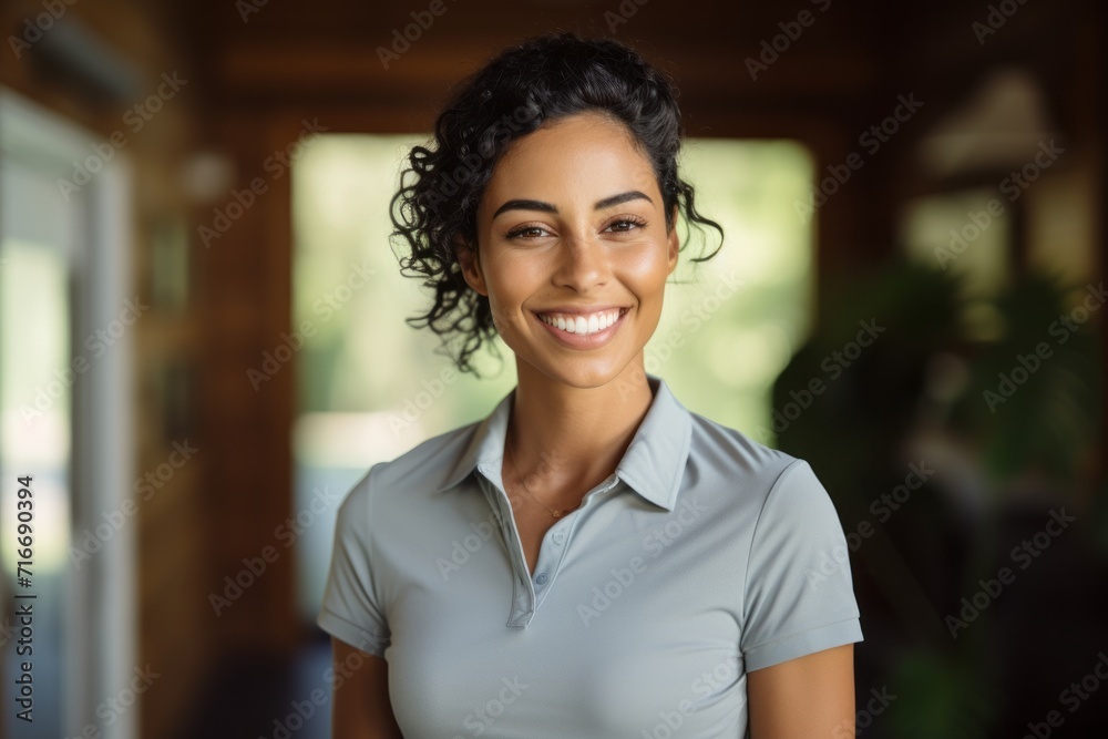 Portrait of a smiling woman in her 30s wearing a breathable golf polo against a serene meditation room. AI Generation Portrait of a smiling woman in her 30s wearing a breathable golf polo against a serene meditation room. AI Generation