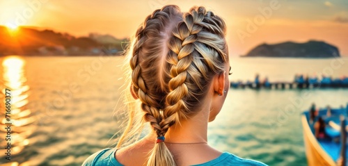  a young girl with a fishtail braid looks out over the water at a boat in the water and the sun is setting in the back of the water behind her.