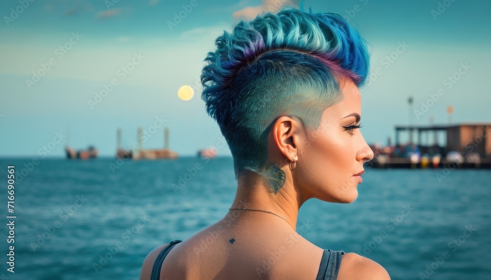  a woman with blue and pink hair standing in front of a body of water with a pier in the background and a full moon in the sky above her head.