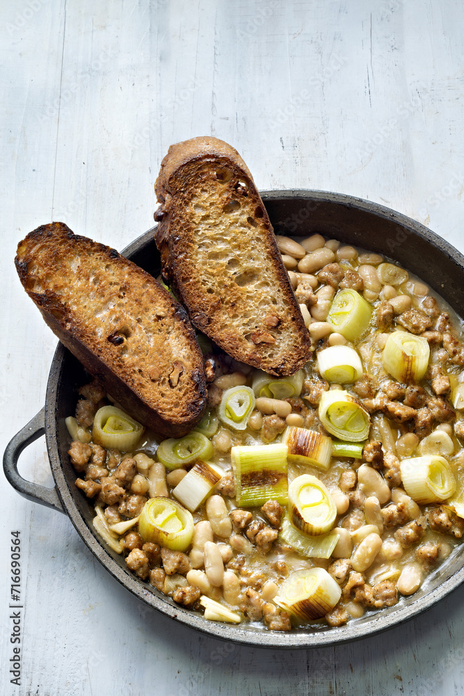 rustic beans stew with sausage and leeks