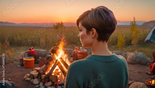  a woman standing in front of a campfire in the middle of a field with a campfire in the foreground and people sitting around the campfire in the background.