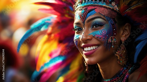 Carnival festival, Latin woman portrait traditional costume and feathers headdress © Rawf8