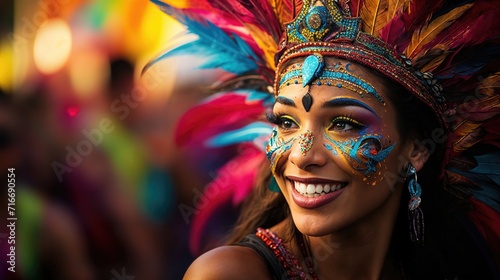 Carnival festival, Latin woman portrait traditional costume and feathers headdress