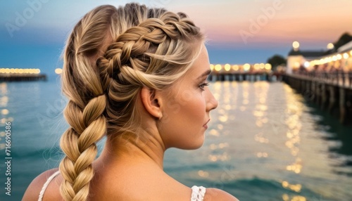  a woman with a fishtail braid looks out over the water at a pier at night with lights on the water and a pier in the distance is lit up.