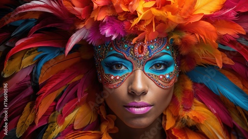 Carnival festival, Latin woman portrait traditional costume and feathers headdress