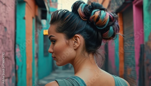  a woman standing in a narrow alleyway with her hair in a high bun with colorful hair clips on top of her head and her hair in a pony tail. photo