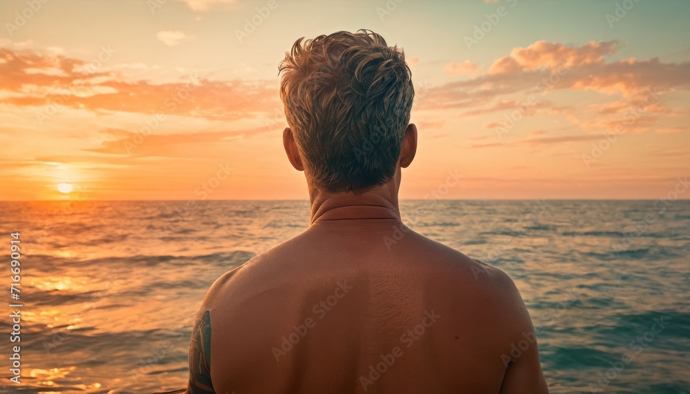  the back of a man's head as he looks out over the water at a sunset over a body of water with a body of water in the foreground.