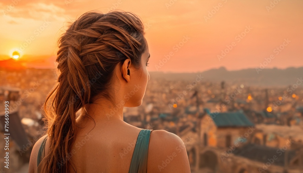  a woman with a ponytail standing in front of a cityscape with the sun setting behind her and her hair in a ponytail, looking out over the city.