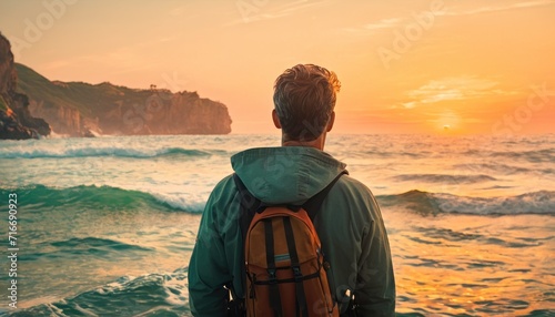 Print op canvas a man with a backpack looks out at the ocean as the sun sets over a rocky cliff on the coast of a body of water with a mountain in the distance