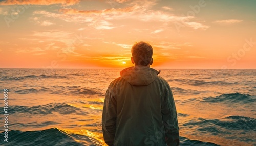  a man standing on the edge of a body of water watching the sun go down over the ocean while the sun is setting in the sky above the water and behind him.