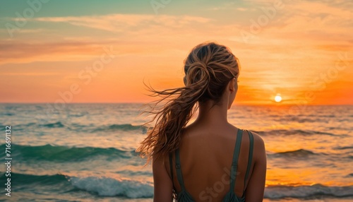  the back of a woman's head as she stands on the beach in front of the ocean with the sun setting in the sky and the horizon behind her. © Jevjenijs