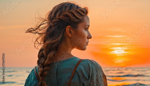  a woman with a braid standing in front of the ocean with the sun setting behind her and her hair in a ponytail, looking off to the side, to the left.