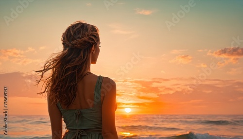  a woman standing in front of the ocean at sunset with her hair blowing in the wind and the sun setting over the ocean in the distance with the horizon behind her. © Jevjenijs