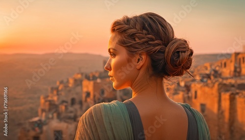  a woman with a braid in her hair standing in front of a view of the city of a city with a castle in the distance and a sunset in the background.